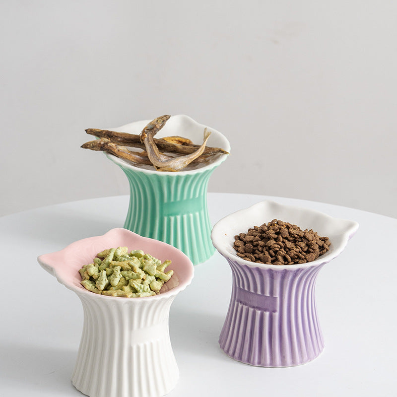 Elevated Ceramic Pet Bowl — Cat-Ear High-Foot Design for Cats & Small Dogs, 7 Styles