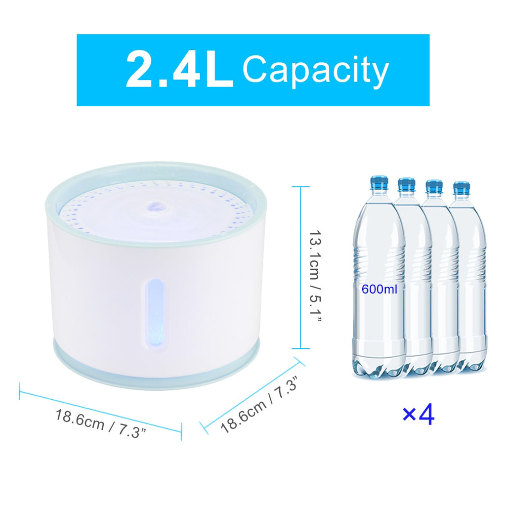 2.4L LED Pet Water Fountain — PP + Stainless Steel, USB, IP68, Quiet Pump