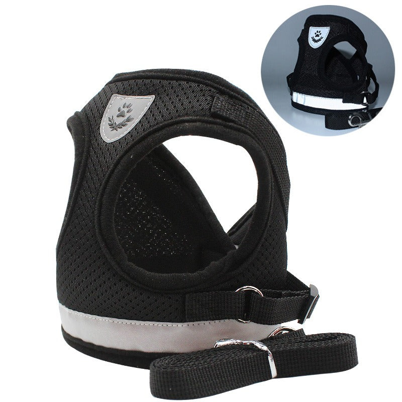 Reflective Breathable Dog Harness Vest with Leash – Polyester Mesh No-Pull Chest Strap | XS–XL