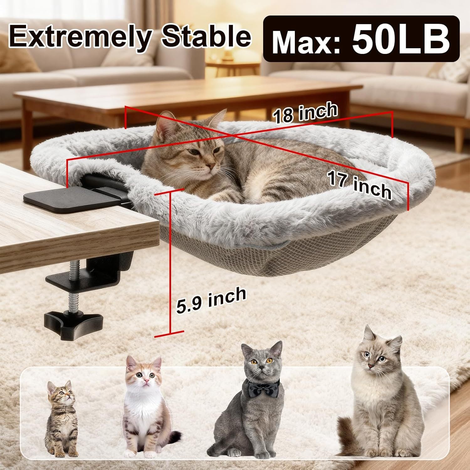 Foldable Cat Hammock with Toy Rack — Desktop & Hanging Styles, Soft Cloth, Gray