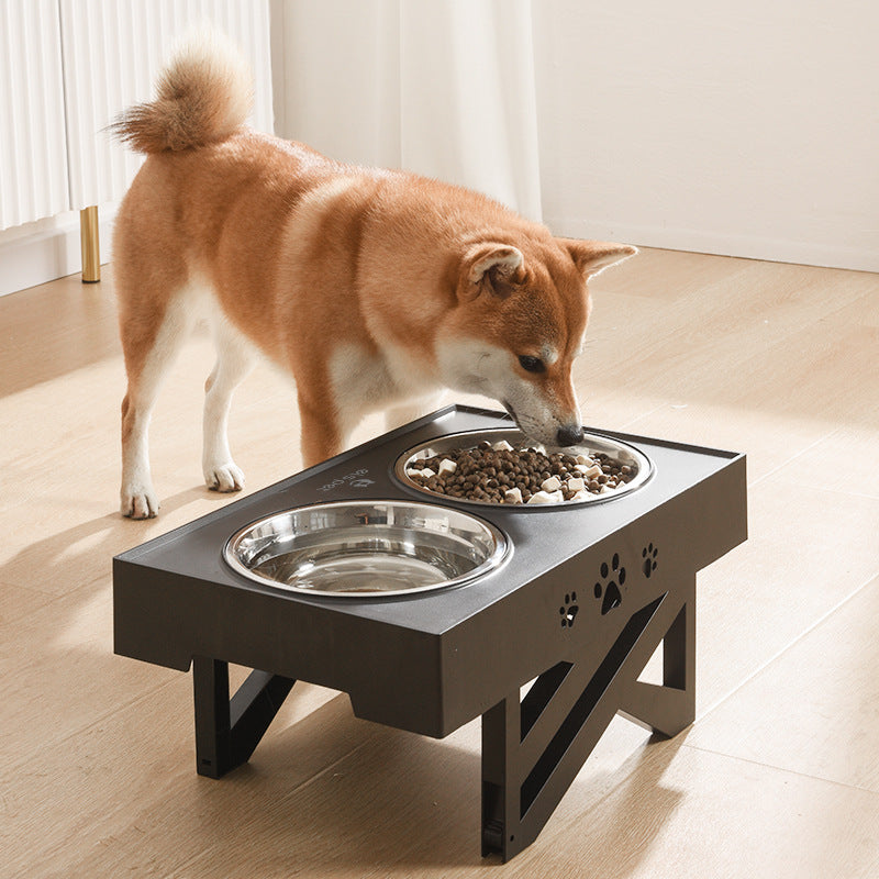 Adjustable Elevated Pet Bowl Stand — Stainless Steel Bowls, Folding Lift Table