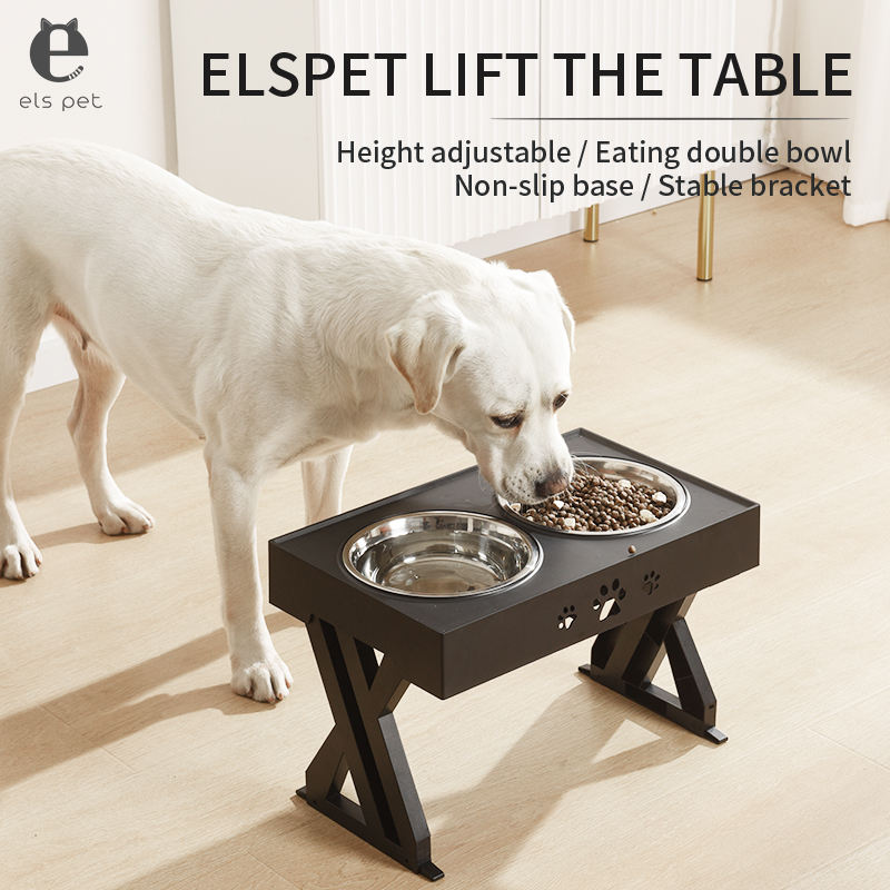 Adjustable Elevated Pet Bowl Stand — Stainless Steel Bowls, Folding Lift Table