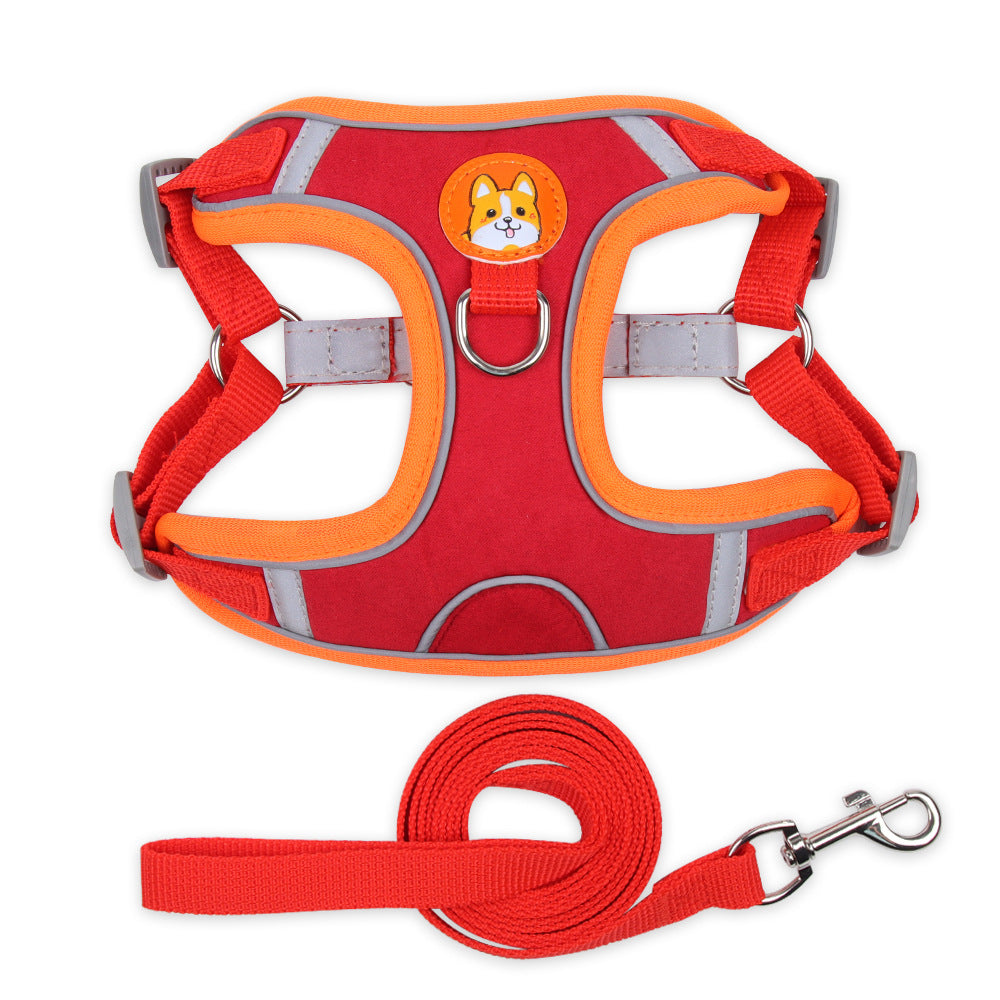 Suede Dog Chest Harness with Leash — Reflective, 6 Colors, Sizes S–XL