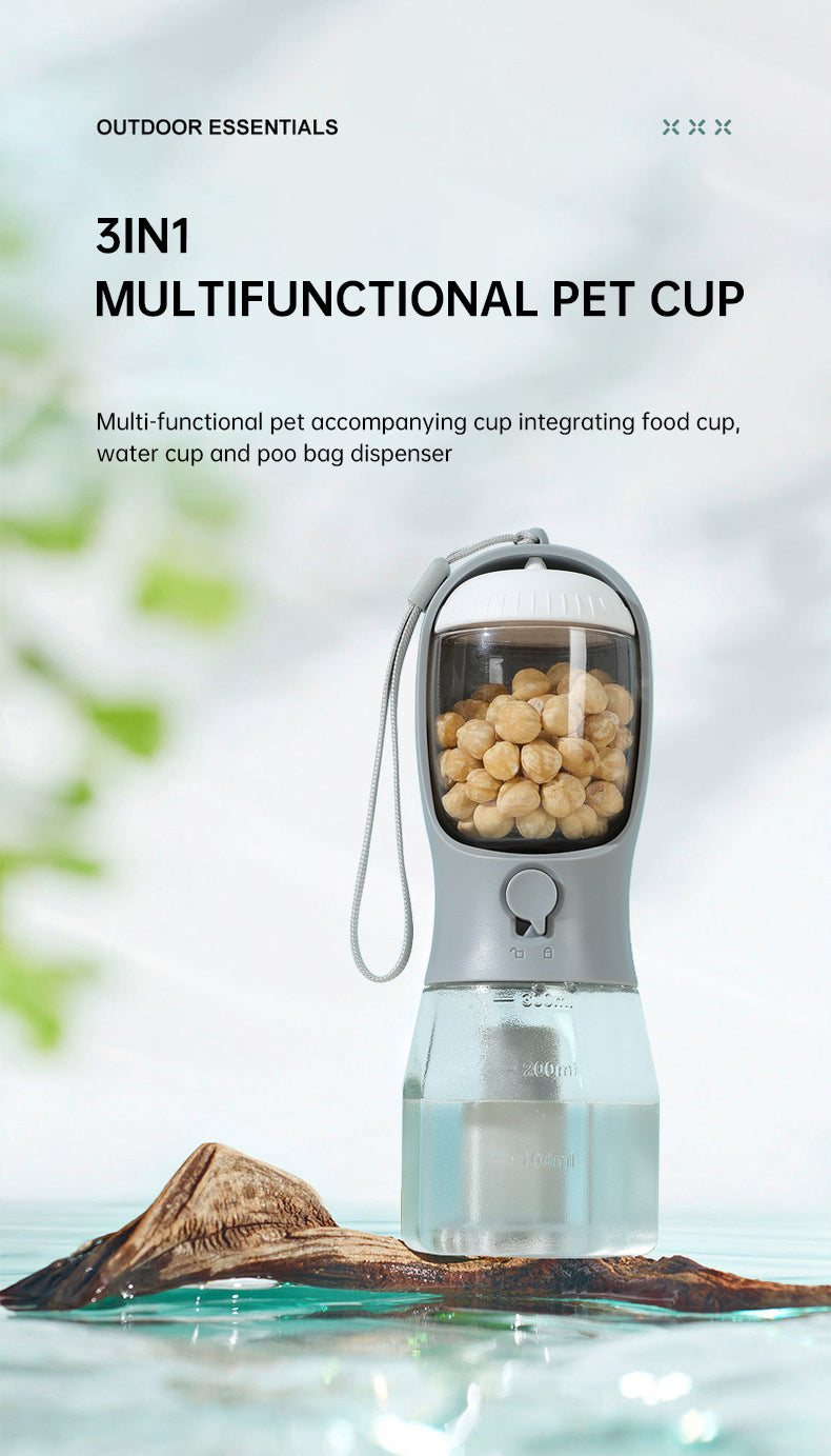 3-in-1 Portable Pet Water Bottle — Water, Food & Poop Bags in One