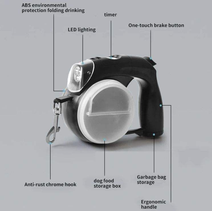 5-in-1 Retractable LED Dog Leash with Bowl, Water Cup & Poop Bag Dispenser