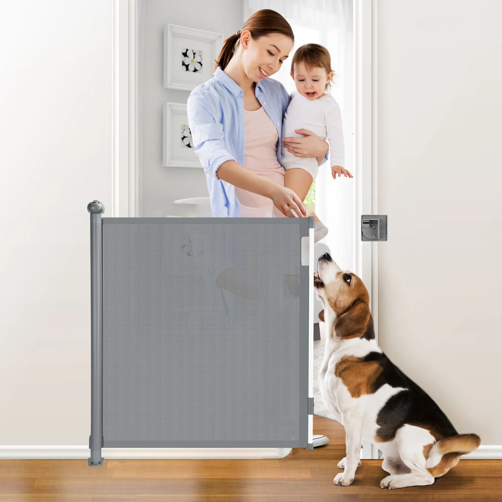Retractable Pet Gate — 33.7" Tall, Extends to 58.3" Wide, Indoor/Outdoor, Grey