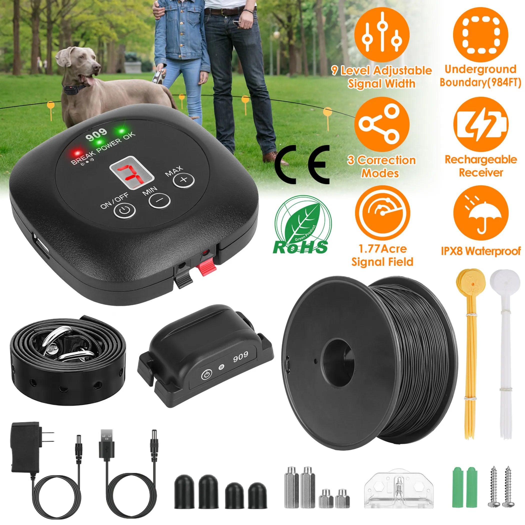 In-Ground Dog Fence System — 1.77 Acres, IPX8 Waterproof, 9 Levels, Multi-Dog Support