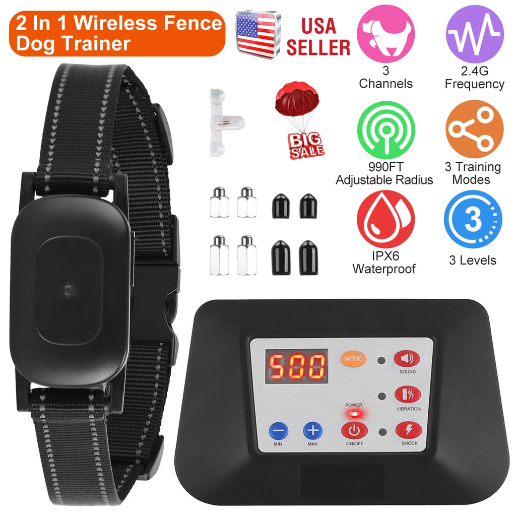 2-in-1 Dog Training Collar & Wireless Fence — IPX6, 990ft Radius, 3 Modes