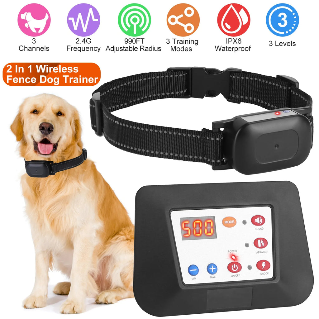 2-in-1 Dog Training Collar & Wireless Fence — IPX6, 990ft Radius, 3 Modes