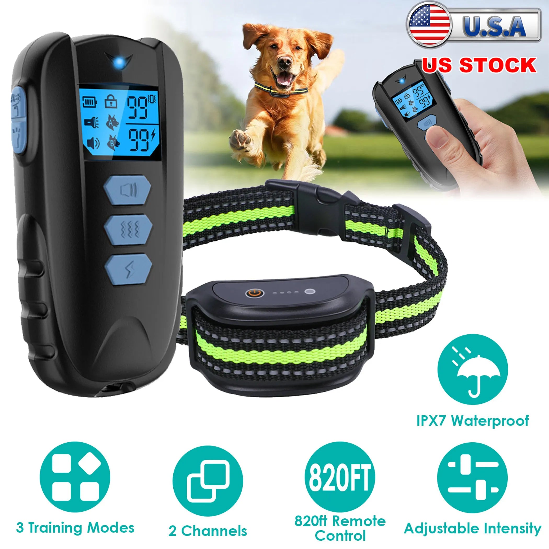 Dog Training Collar — 820ft Range, 3 Modes, Rechargeable Transmitter & Receiver