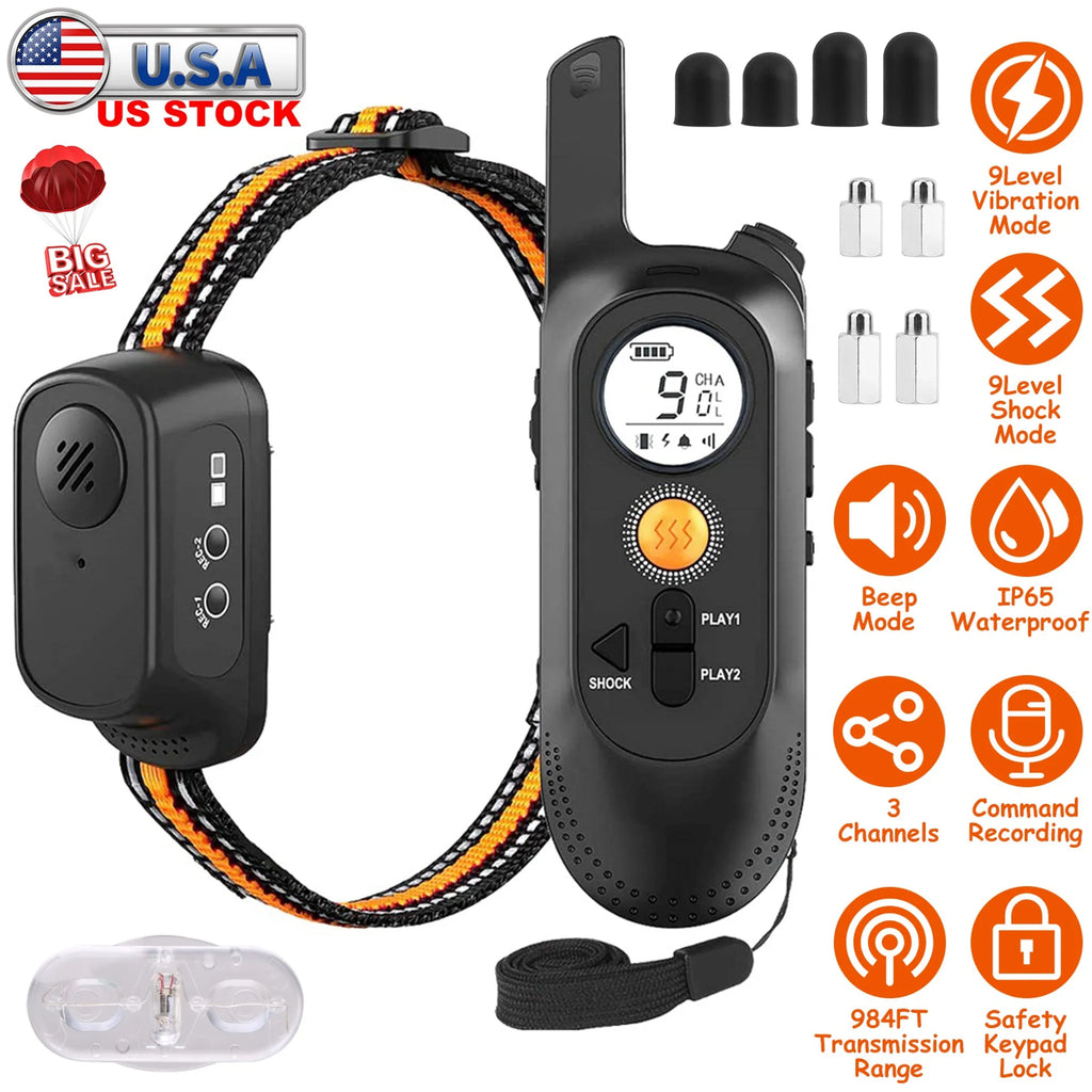 Dog Training Collar — IP65 Waterproof, 984ft Range, 9 Levels, Voice Command Recording