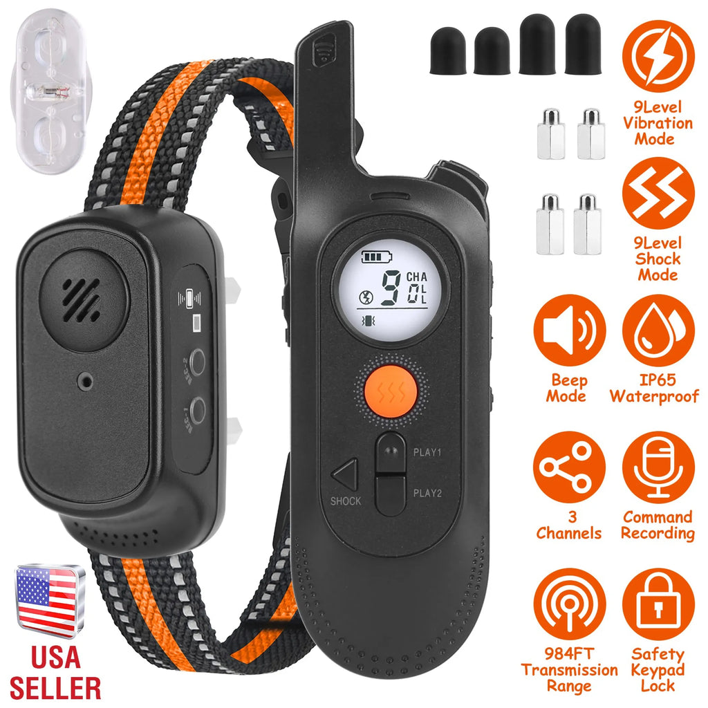 Dog Training Collar — IP65 Waterproof, 984ft Range, 9 Levels, Voice Command Recording