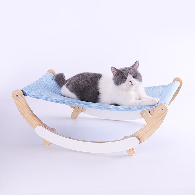 Wooden Cat Rocking Hammock with Washable Pad — Gray & Blue