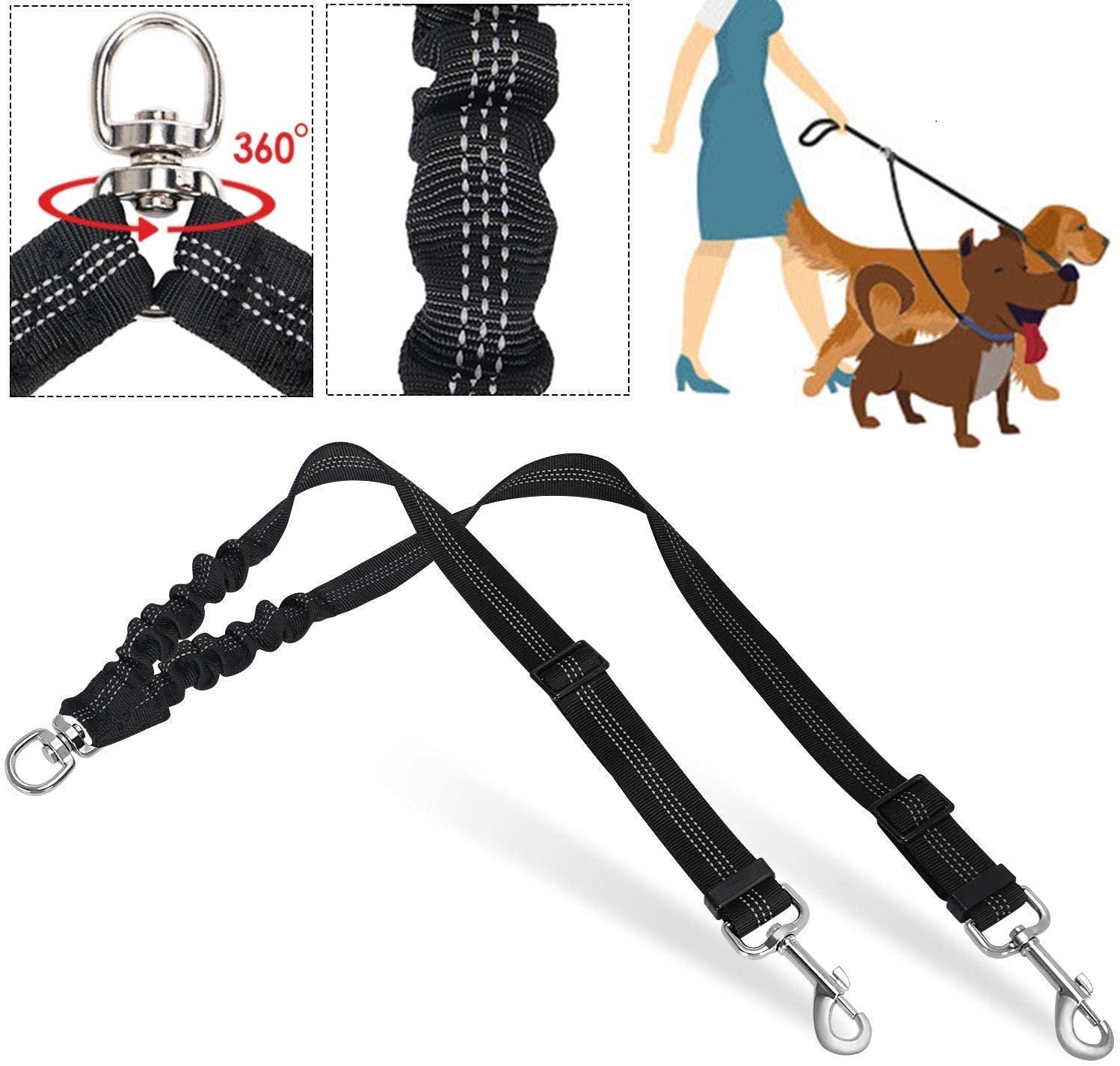Double Dog Leash — Nylon One-Lead-Two Coupler, 4 Colors, 33in
