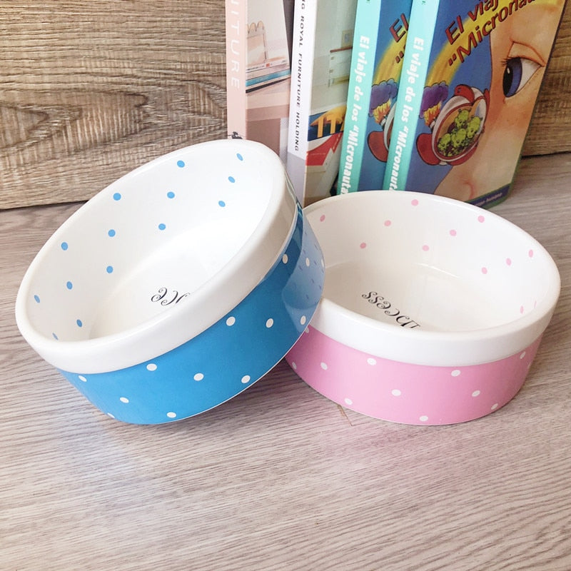 Ceramic Pet Bowl — Polka Dot Pattern, Blue or Pink, Dogs & Cats
