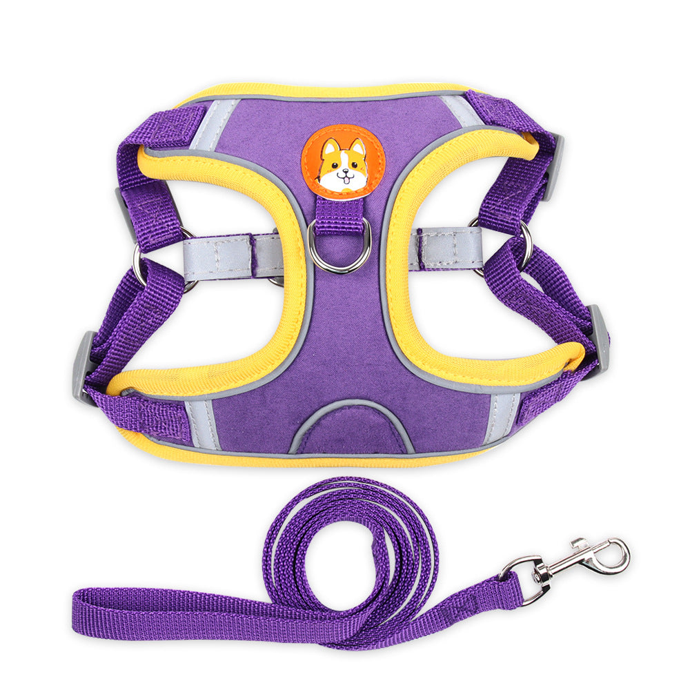 Suede Dog Chest Harness with Leash — Reflective, 6 Colors, Sizes S–XL