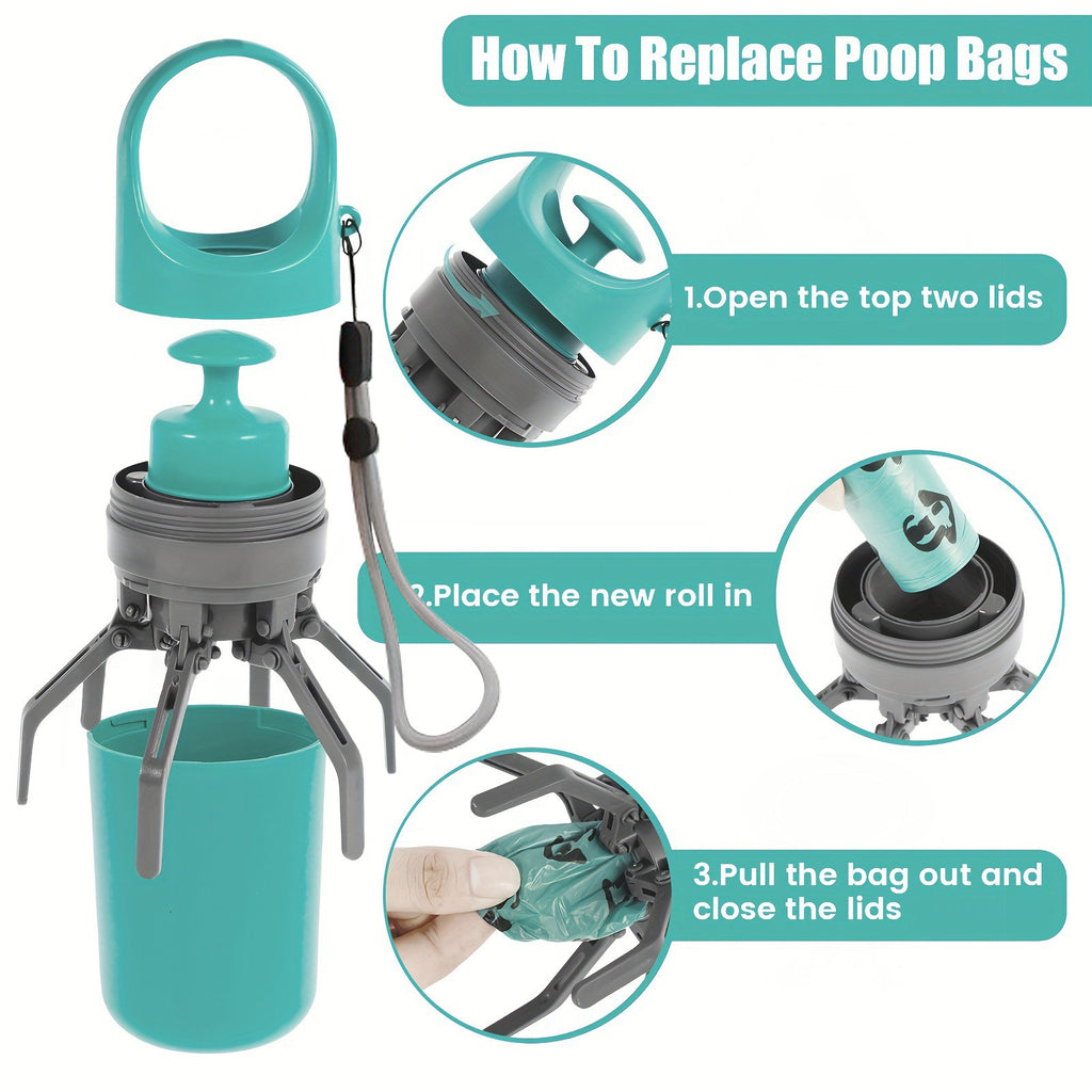 Portable Dog Waste Picker with Bag Dispenser — Six-Claw No-Touch Poop Scooper