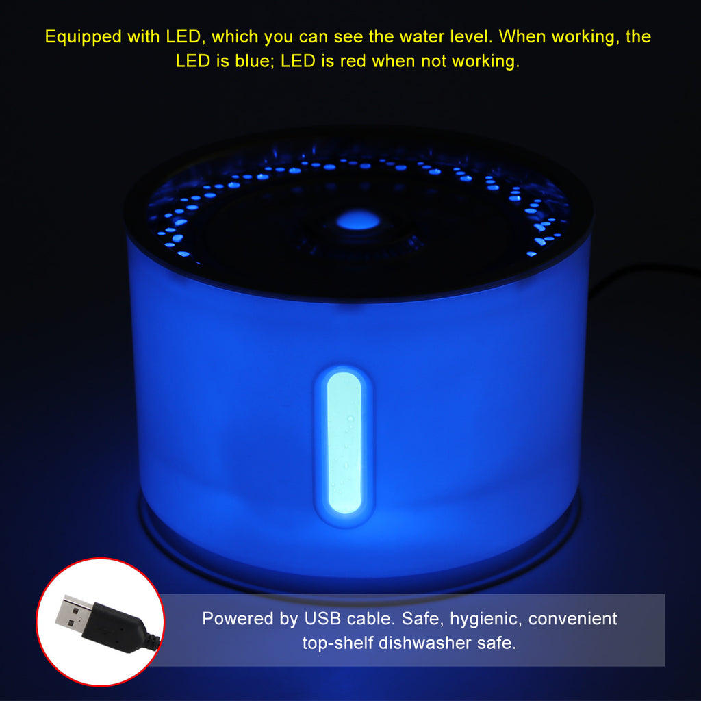 2.4L LED Pet Water Fountain — PP + Stainless Steel, USB, IP68, Quiet Pump