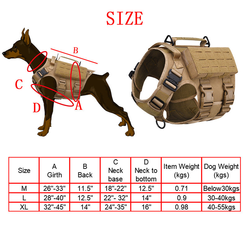 Tactical Dog Training Vest — Waterproof Nylon Combat Harness, Brown & Black, Sizes M–XL