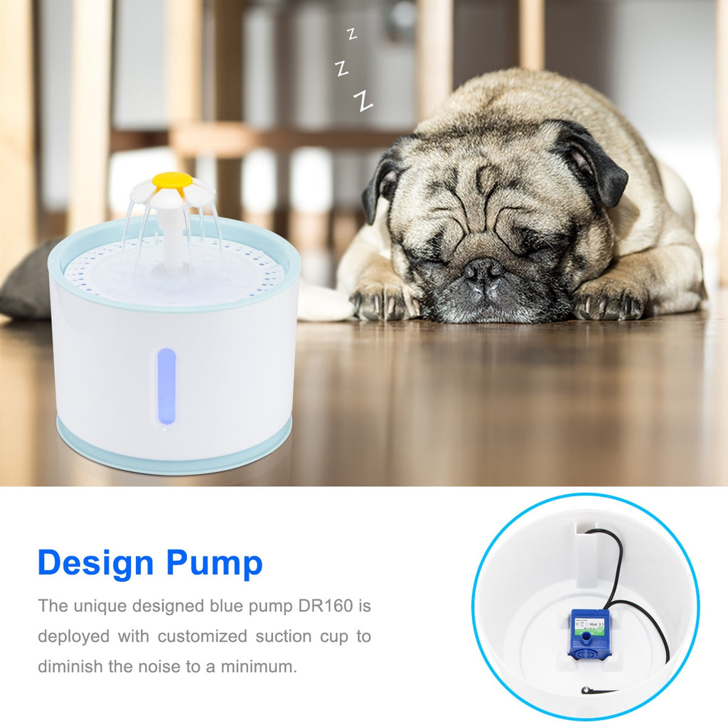 2.4L LED Pet Water Fountain — PP + Stainless Steel, USB, IP68, Quiet Pump