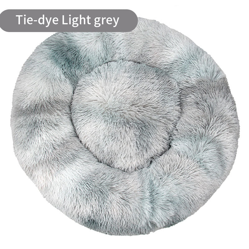 Tie-Dye Round Plush Pet Bed — Non-Slip, 9 Sizes, 11 Colors