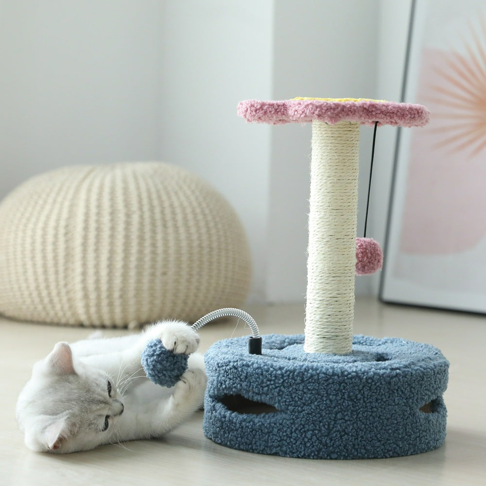 Multifunctional Cat Scratching Column with Perch — Particleboard & Velvet, Yellow or Purple