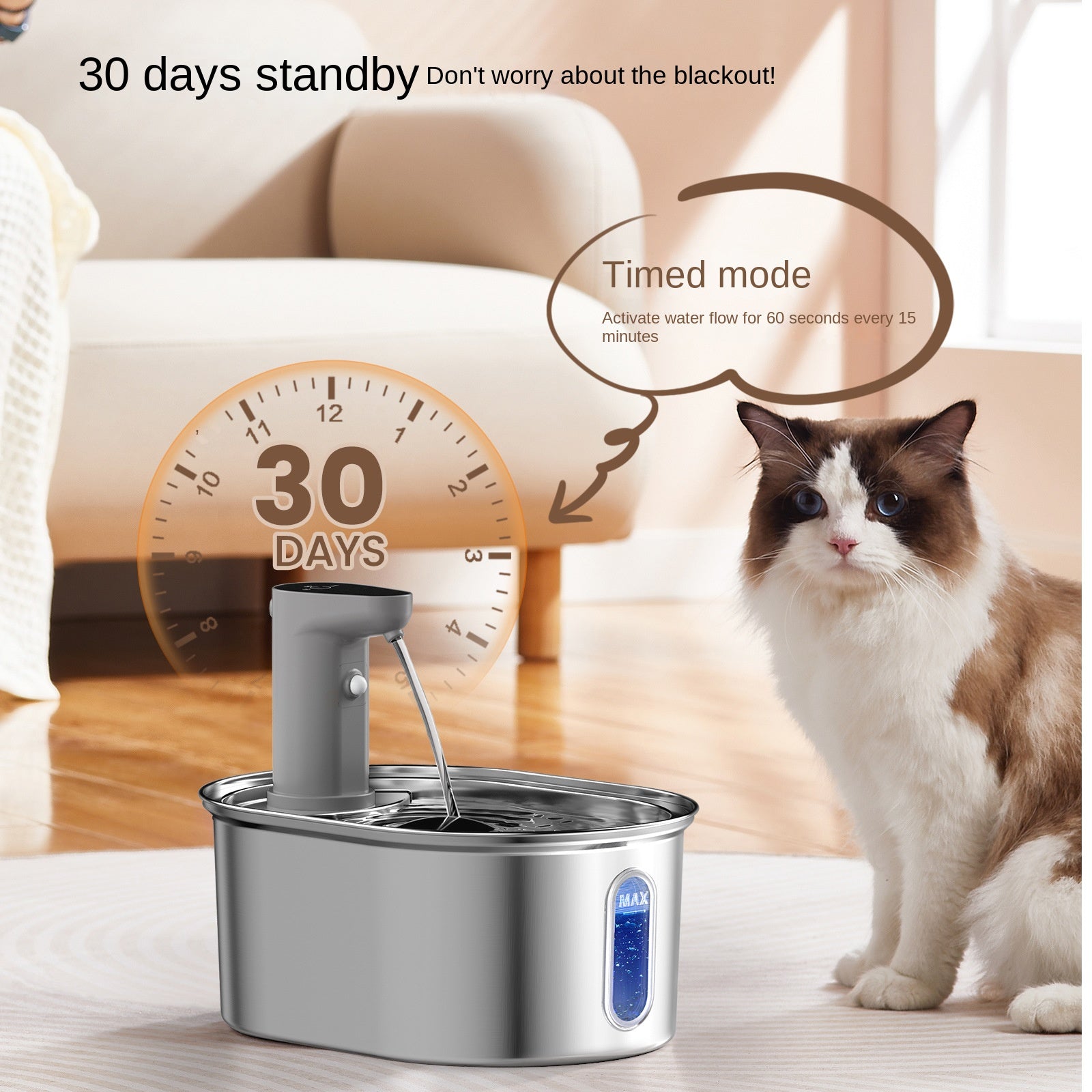 3L Stainless Steel Wireless Pet Water Fountain — Smart, Battery-Powered, Inductive Outlet