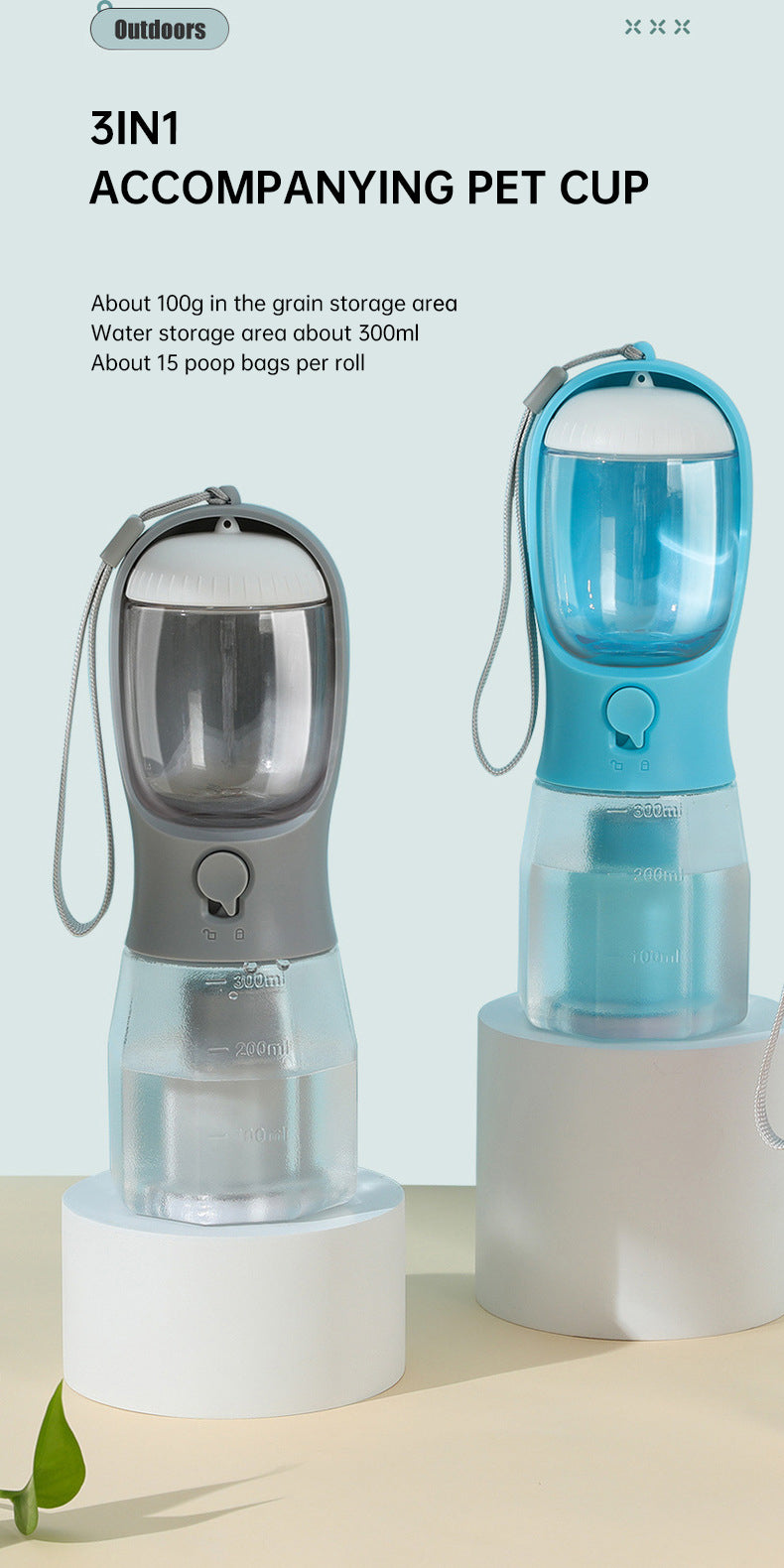 3-in-1 Portable Pet Water Bottle — Water, Food & Poop Bags in One