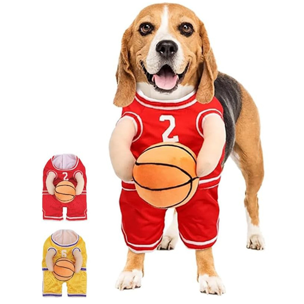 Dog Basketball Jersey Costume with Ball — Sporty Pet Outfit, Red & Yellow, Sizes S–L