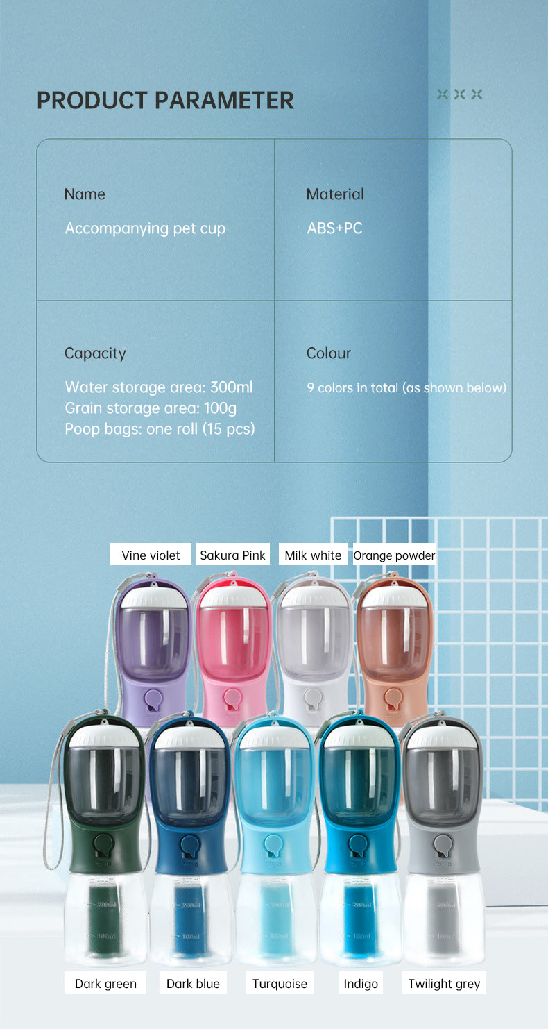 3-in-1 Portable Pet Water Bottle — Water, Food & Poop Bags in One