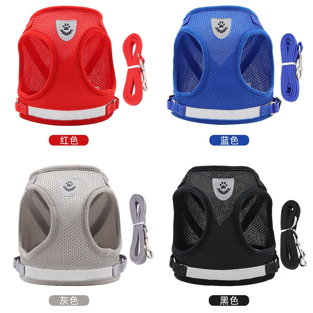 Reflective Breathable Dog Harness Vest with Leash – Polyester Mesh No-Pull Chest Strap | XS–XL