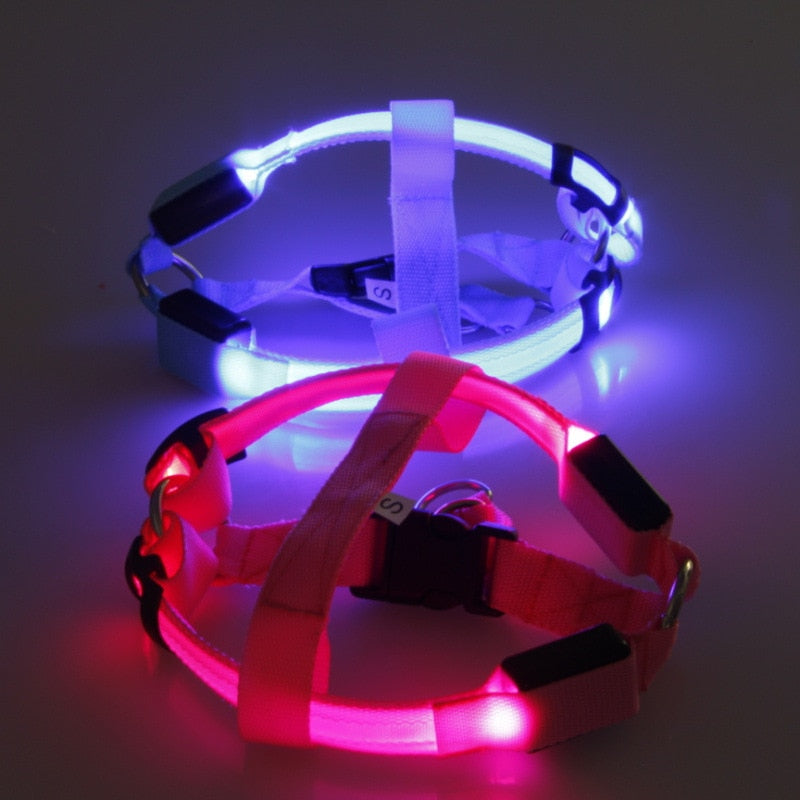 LED Light-Up Dog Harness — Nylon, 3 Flash Modes, 7 Colors, Sizes XS–XL