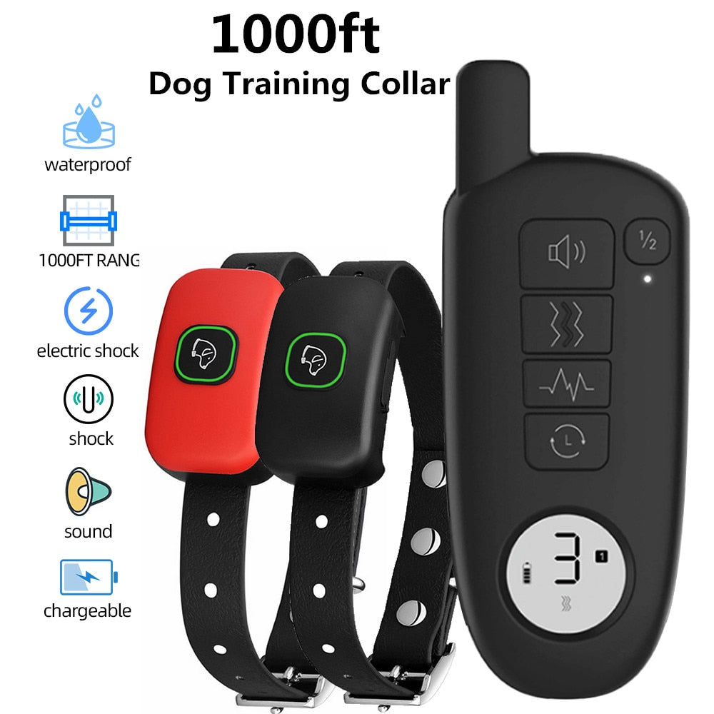 1000ft Range Dog Training Collar Waterproof Electric Shock Vibration Sound Dogs Bark Collar for Small Medium Large Dogs Trainer