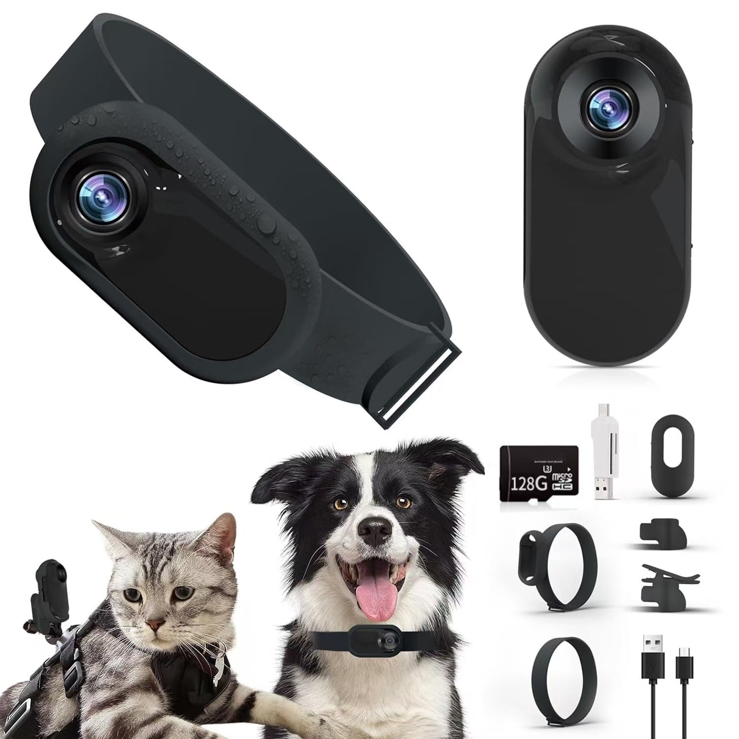 Pet Collar Camera — 1080p HD, Magnetic Collar Clip, 2–3hr Recording, Up to 128GB