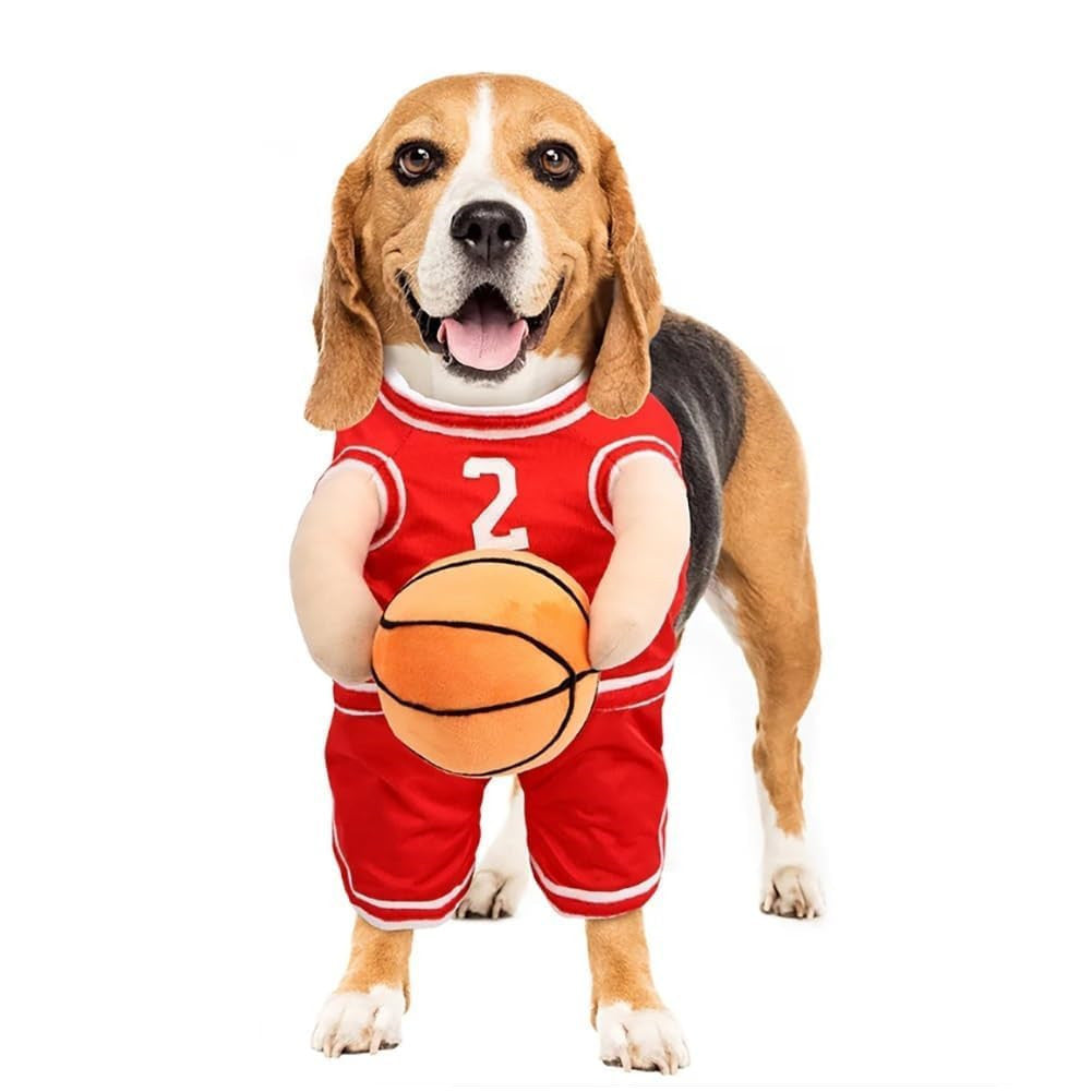 Dog Basketball Jersey Costume with Ball — Sporty Pet Outfit, Red & Yellow, Sizes S–L