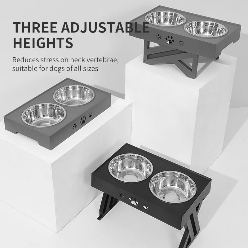 Adjustable Elevated Pet Bowl Stand — Stainless Steel Bowls, Folding Lift Table