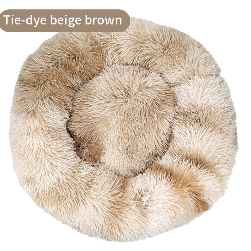 Tie-Dye Round Plush Pet Bed — Non-Slip, 9 Sizes, 11 Colors