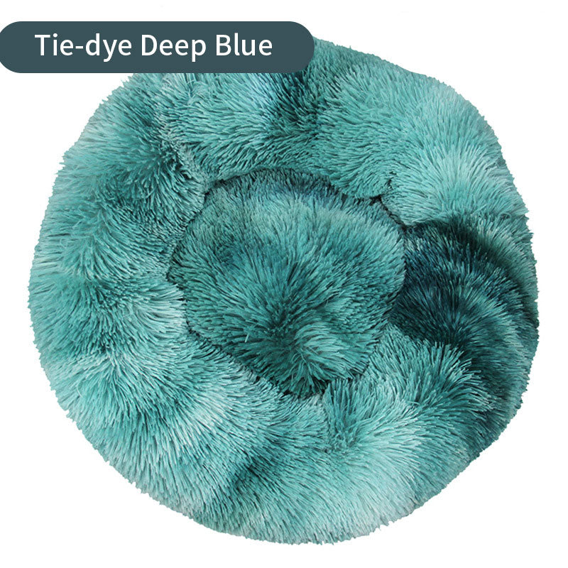 Tie-Dye Round Plush Pet Bed — Non-Slip, 9 Sizes, 11 Colors