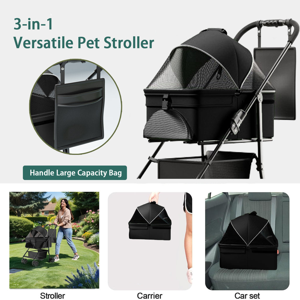 2-in-1 Folding Pet Stroller & Detachable Travel Carrier — 33 lb Capacity, Rear Brake