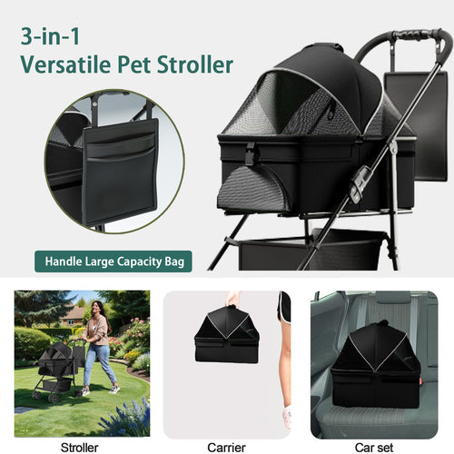2-in-1 Folding Pet Stroller & Detachable Travel Carrier — 33 lb Capacity, Rear Brake