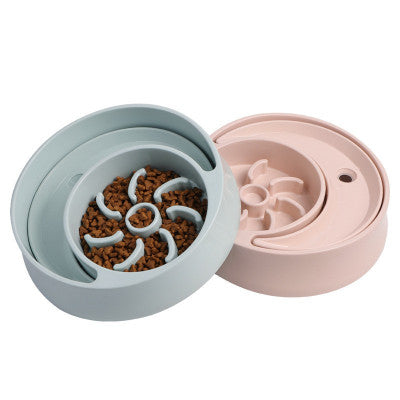 Sun & Moon Dual-Section Slow Feeder Pet Bowl — Anti-Choke, PP Plastic, Pink or Blue