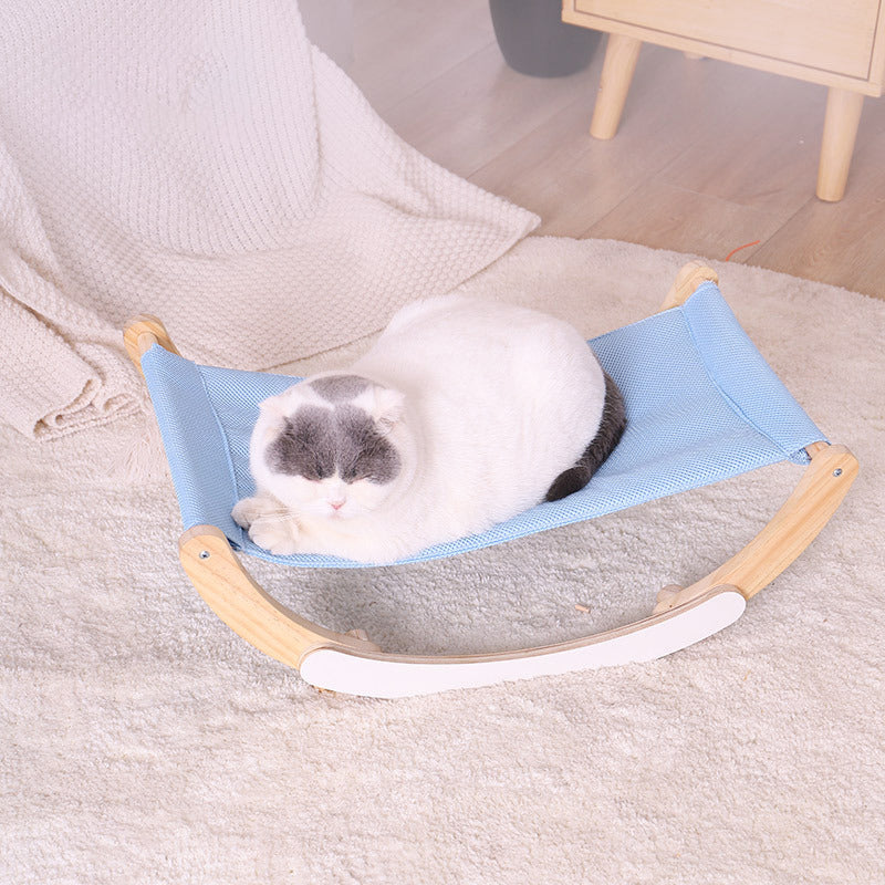 Wooden Cat Rocking Hammock with Washable Pad — Gray & Blue