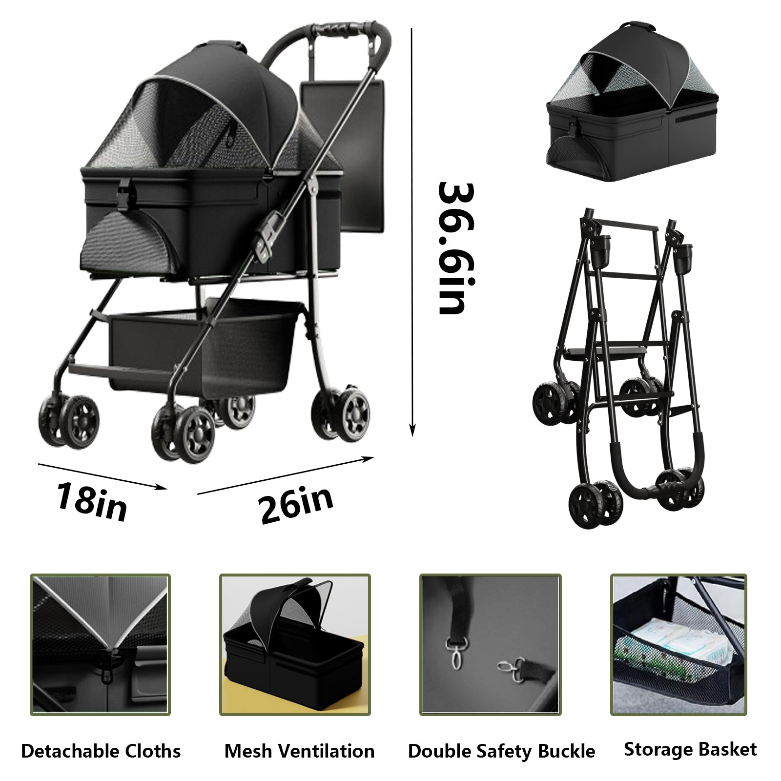 2-in-1 Folding Pet Stroller & Detachable Travel Carrier — 33 lb Capacity, Rear Brake