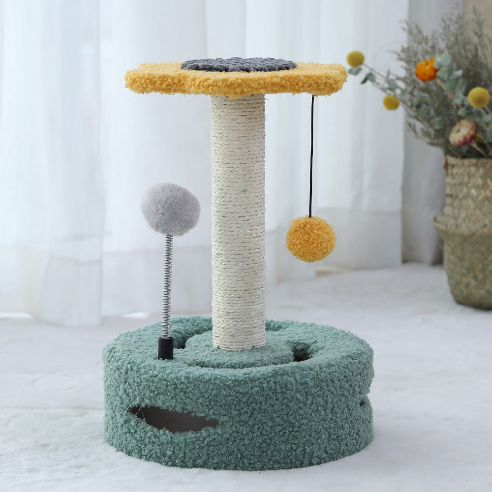Multifunctional Cat Scratching Column with Perch — Particleboard & Velvet, Yellow or Purple