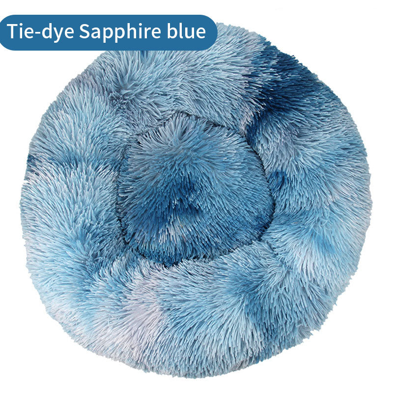 Tie-Dye Round Plush Pet Bed — Non-Slip, 9 Sizes, 11 Colors