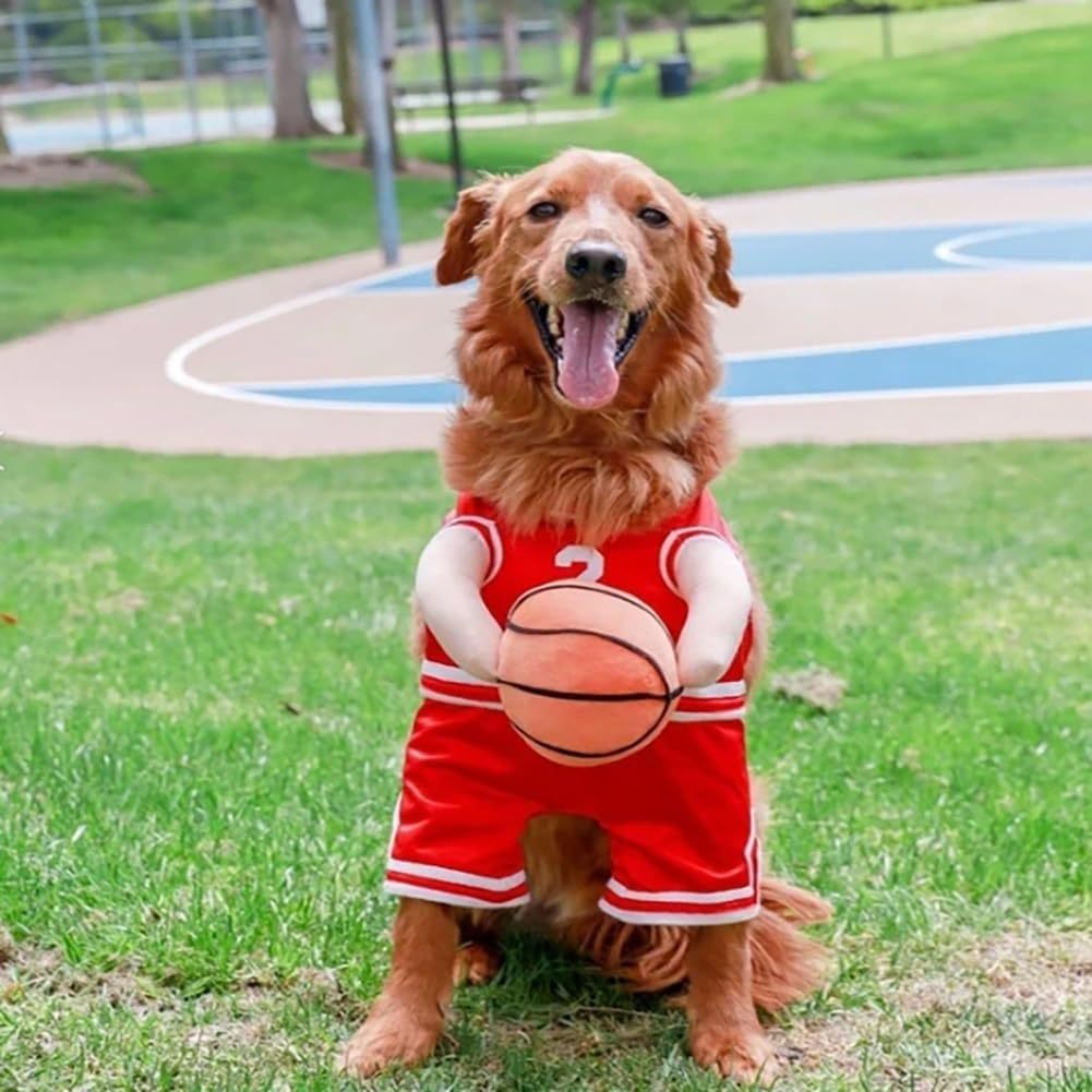 Dog Basketball Jersey Costume with Ball — Sporty Pet Outfit, Red & Yellow, Sizes S–L