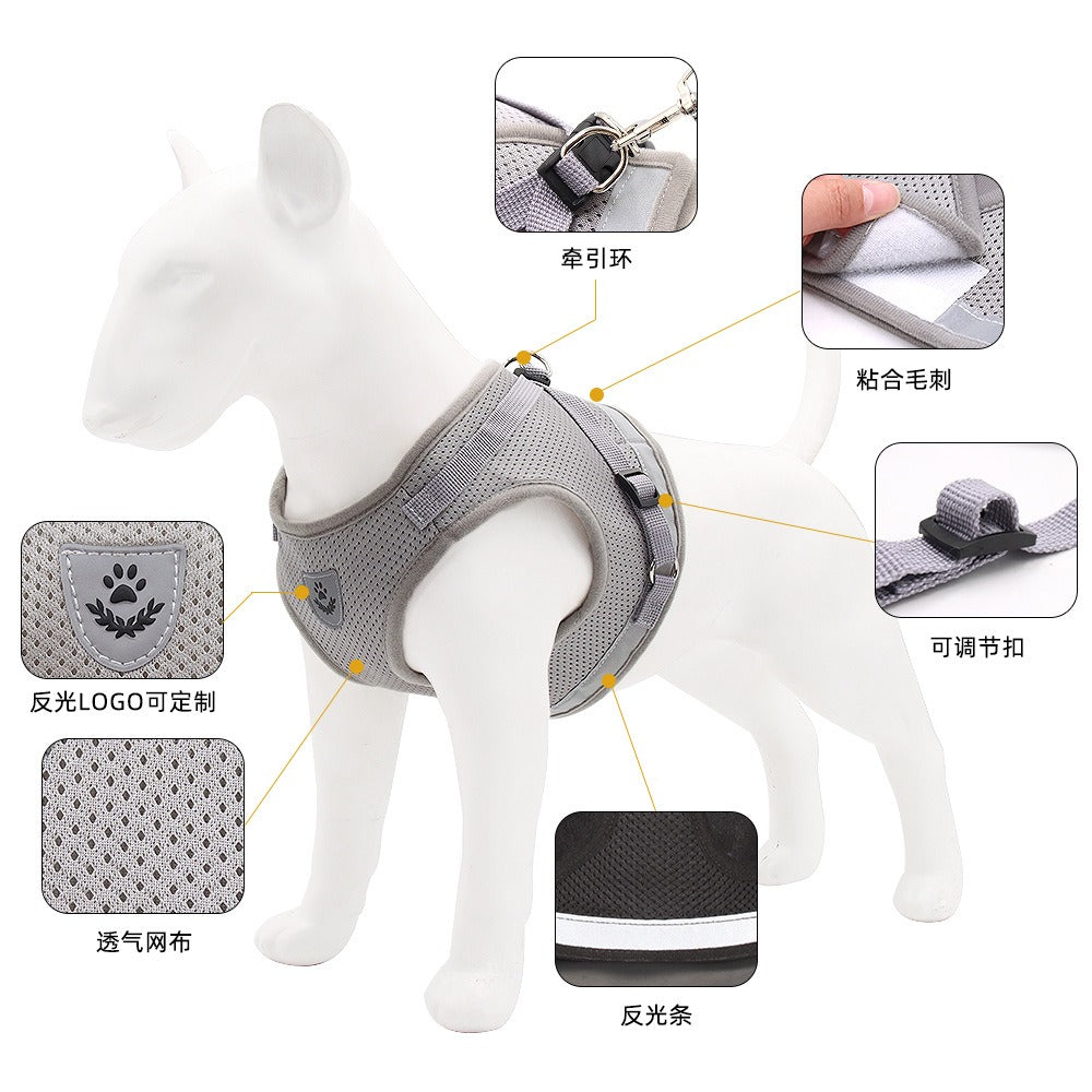 Reflective Breathable Dog Harness Vest with Leash – Polyester Mesh No-Pull Chest Strap | XS–XL