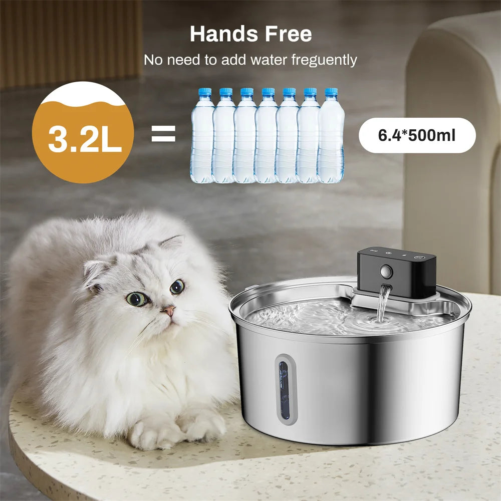 3.2L Wireless Smart Pet Water Fountain — 304 Stainless Steel, Motion Sensing