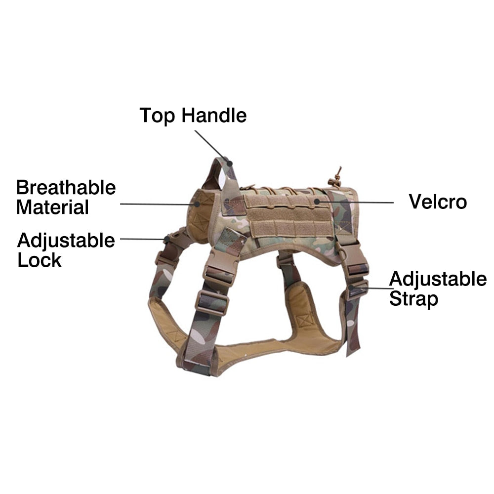 Tactical Dog Harness — 1000D Nylon, MOLLE System, 4 Colors, Sizes M–XL