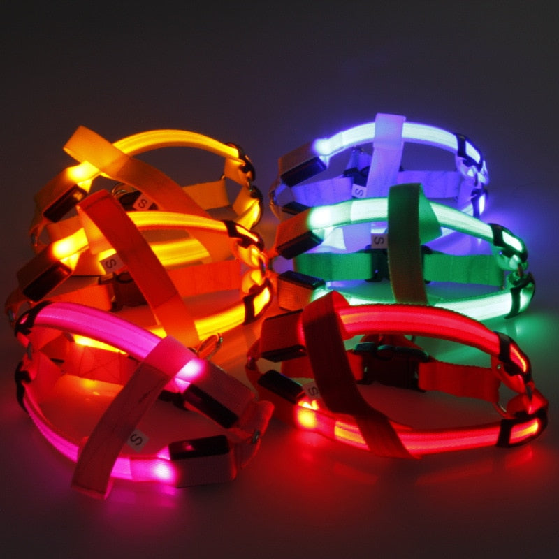 LED Light-Up Dog Harness — Nylon, 3 Flash Modes, 7 Colors, Sizes XS–XL